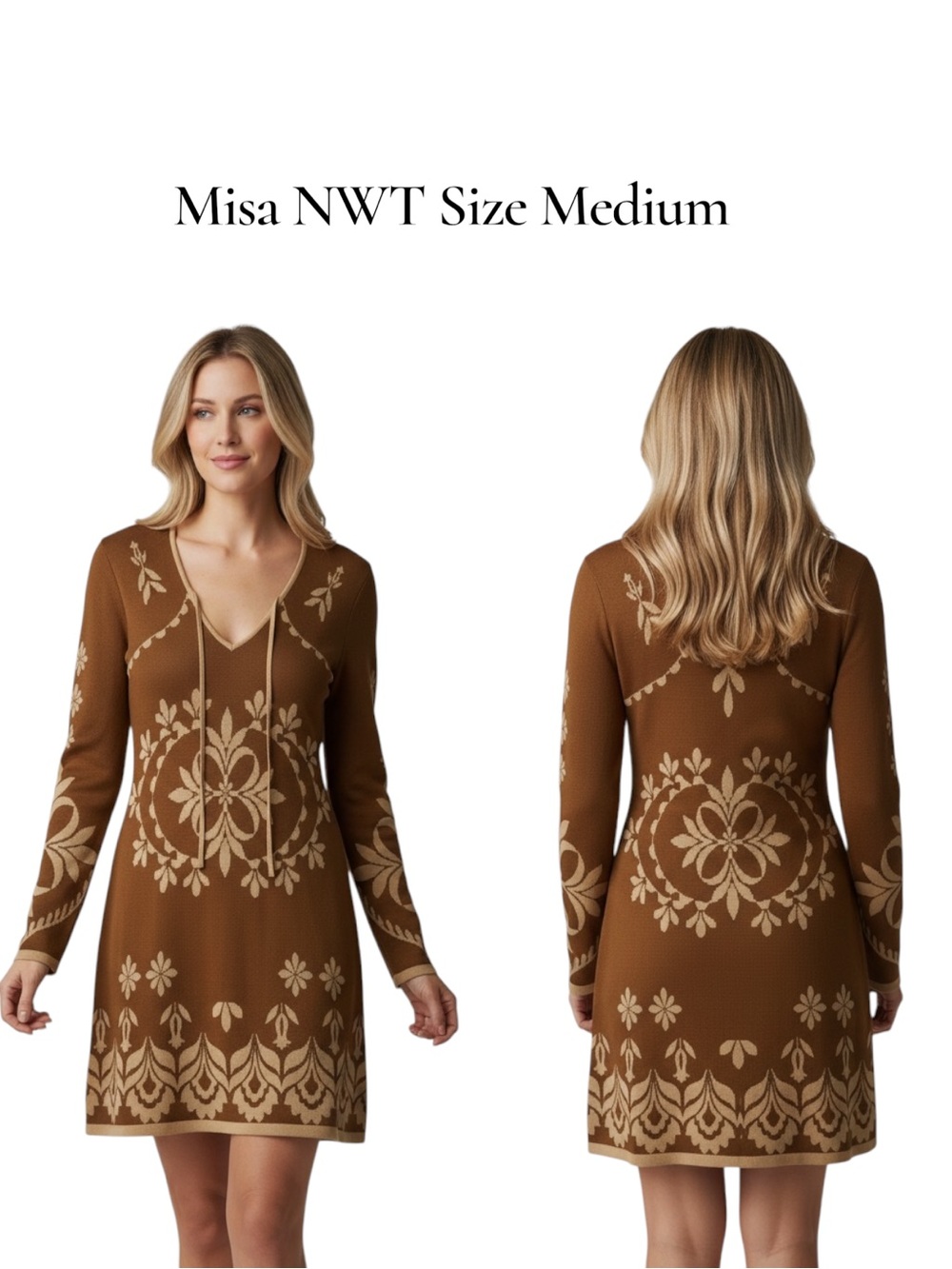 NWT Misa Los Angeles Brown and Cream Floral Long-Sleeve Knit Dress Size Medium